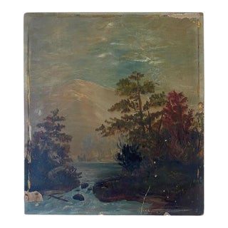 Likely 19th Century American Folk Landscape Painting on Artist's Board Featuring River, Forest, and Mountain Scene.. For Sale