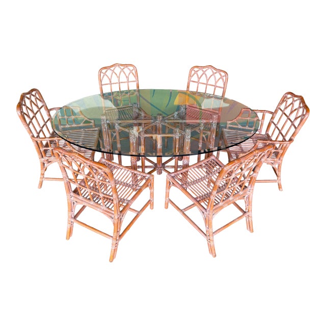 McGuire Bamboo and Leather Dining Set For Sale