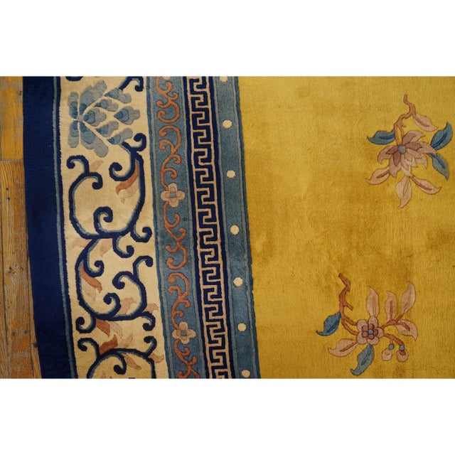 1920s Yellow Classic Greek Key Medallion Antique Chinese Peking Carpet 9'' X 12' For Sale - Image 9 of 10