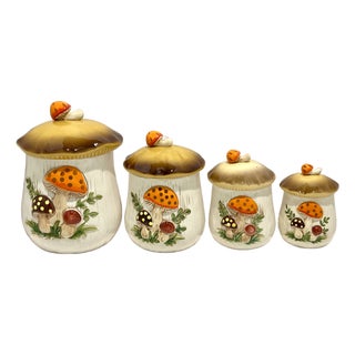 Set of 4, Vintage 1976 Mushroom Canister Set – Sears Roebuck Japan – Retro 70s Kitchen For Sale