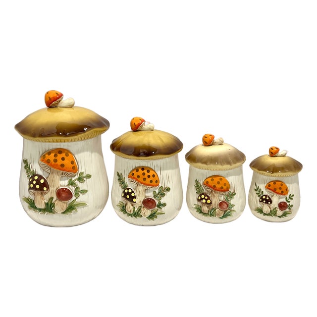 Set of 4, Vintage 1976 Mushroom Canister Set – Sears Roebuck Japan – Retro 70s Kitchen For Sale