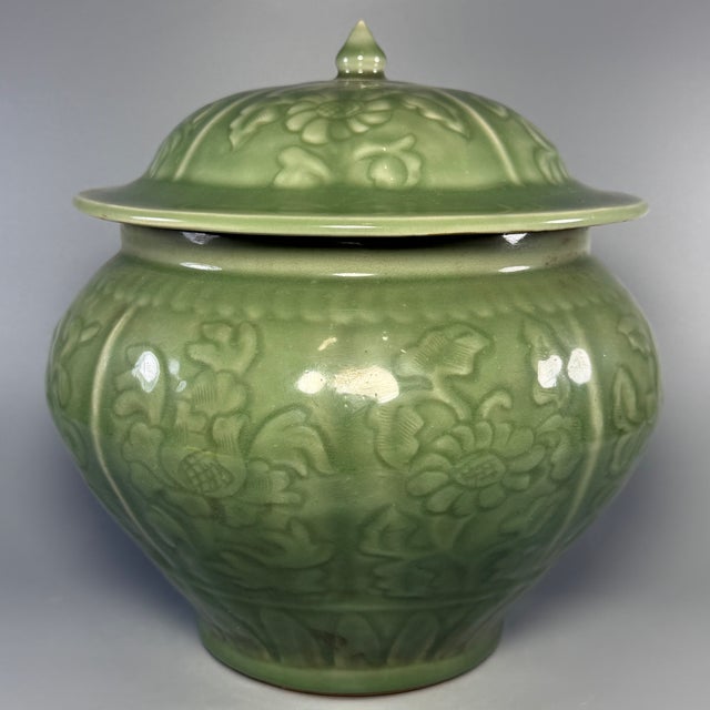 Chinese Celadon Lidded Jar, Carved Floral Collectible Decor Vessel For Sale - Image 4 of 6