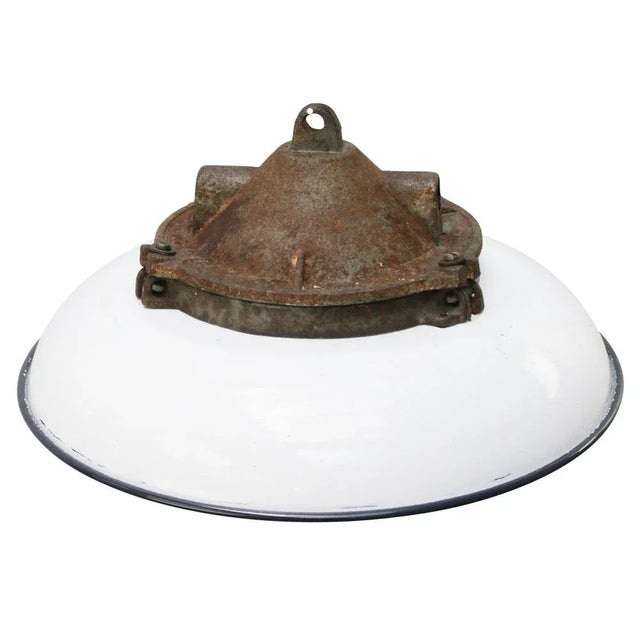 Mid-Century Modern Industrial White Enamel and Cast Iron Holophane Glass Pendant Light, 1950s For Sale - Image 3 of 8