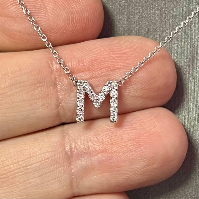 Diamond Letter "M" Pendant Necklace 14k Gold 0.19 TCW Certified For Sale - Image 9 of 12