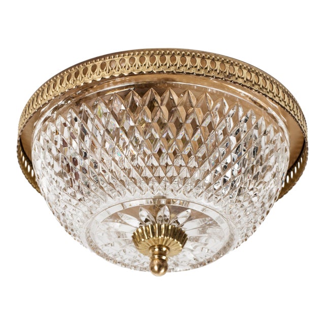1960s Brass & Pressed Glass Flush Mount Fixture For Sale