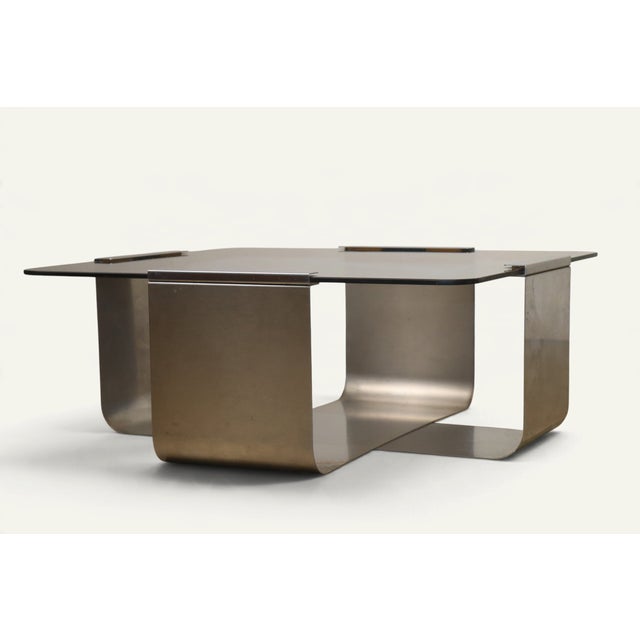 Mid-Century Modern Coffee Table in Brushed Steel and Smoked Glass, 1970s For Sale - Image 3 of 14