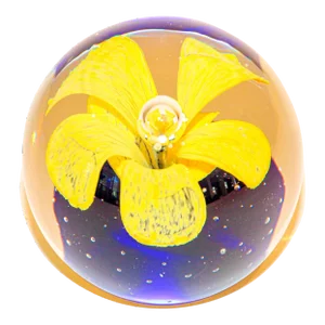 Murano Hand Blown Paperweight Yellow Flower With Blue Base Collectible Art Glass