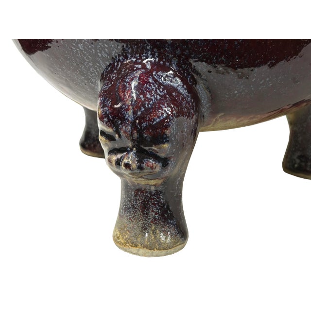 Ceramic Orient Flame Oxblood Red Tri-Leg Ding Shape Ceramic Vase Container For Sale - Image 7 of 10