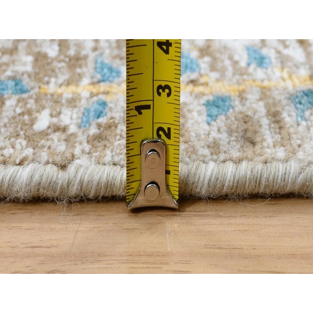 Textile Tan Sickle Leaf Design Silk With Textured Wool Hand Knotted Oriental Runner Rug For Sale - Image 7 of 9