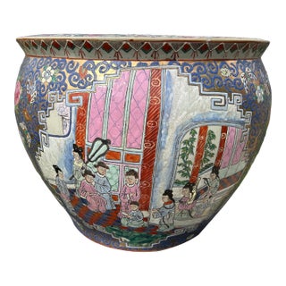 Vintage Large Porcelain Hand Painted Medallion Chinese Famille Rose Fishbowl /Jardiniere For Sale