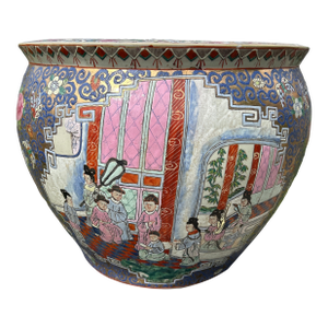 Vintage Large Porcelain Hand Painted Medallion Chinese Famille Rose Fishbowl /Jardiniere