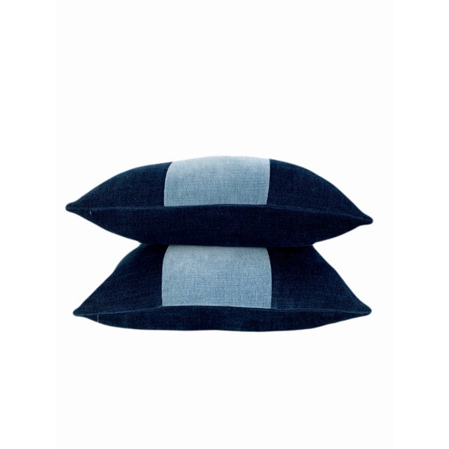 Navy velvet pillow with light blue velvet center block. This pillow is warm, bold and beautiful. It's soft to the touch...