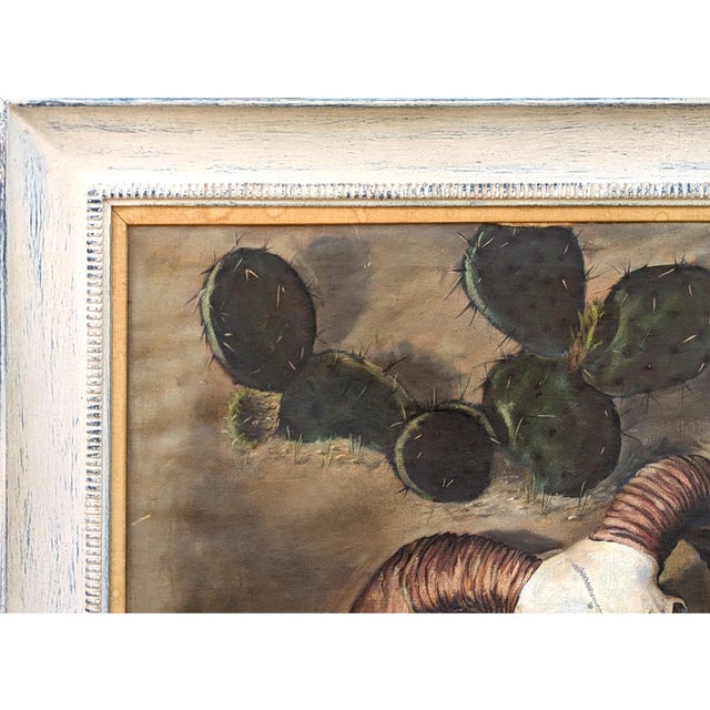 Charles Schorre Modern Naturalistic Ram Skull and Cactus Western Desert Landscape Painting, Mid 20th Century For Sale - Image 4 of 10