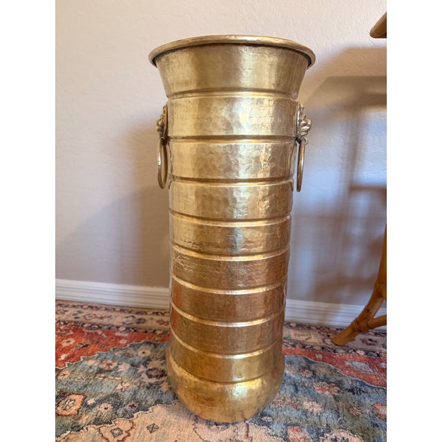 Metal Vintage Hammered Brass Lion Head Umbrella Stand For Sale - Image 7 of 8