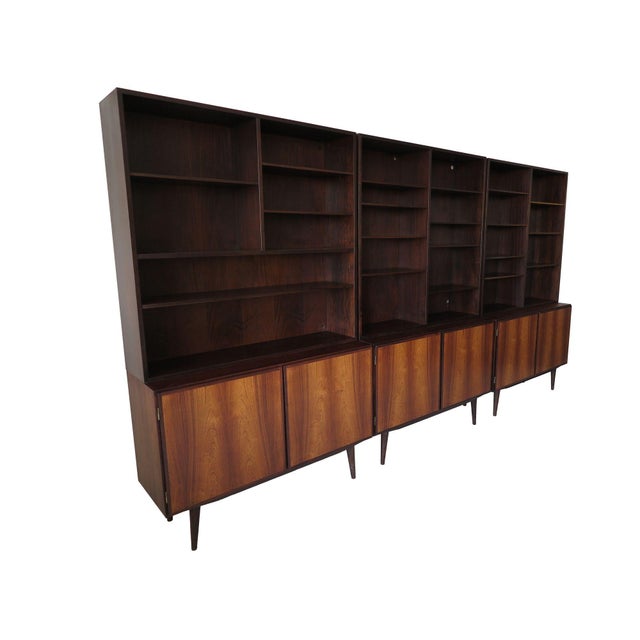 Omann Jun Møbelfabrik Three Omann Jun Mid 20th Century Danish Cabinets With Bookcase Hutches, Wallunit, Attributed For Sale - Image 4 of 11