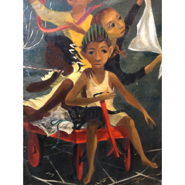 Realism Paul Zimmerman, Modernist Oil Painting Social Realist Kids and Cat in Red Wagon WPA Style, c.1950s For Sale - Image 3 of 4