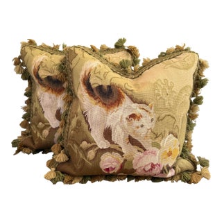 Vintage Tasseled Aubusson Tapestry Throw Pillows, a Pair For Sale