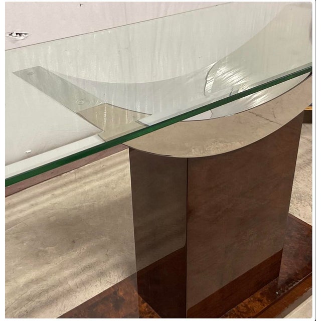Vintage Mid-Century Modern Sculptural Glass Console Table With a Burl Wood Veneer Pedestal & Chrome Base For Sale - Image 4 of 7