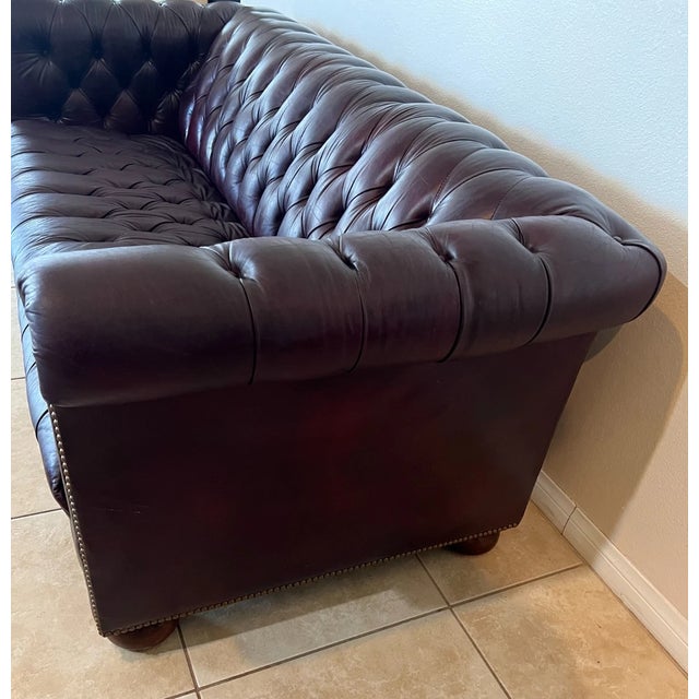Oxblood Red 1990s Chesterfield Sofa Schafer Brothers Fine Leather Rolled Arms Tufted Seat Bordeaux For Sale - Image 8 of 15