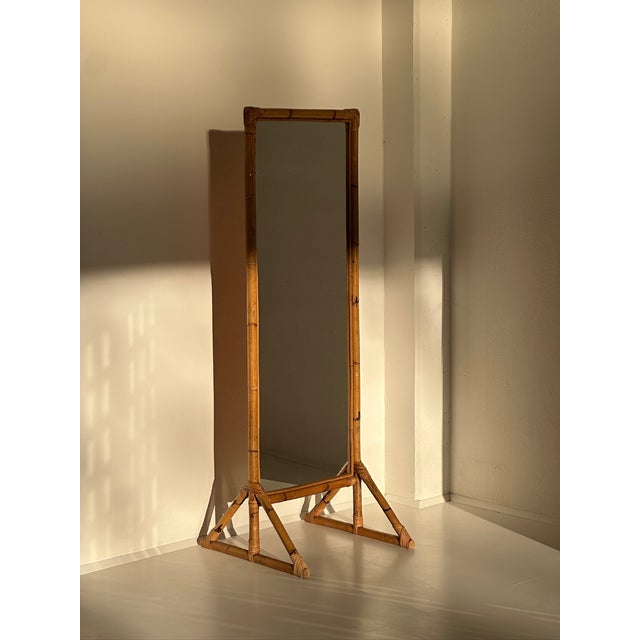 1970s Rectangular Bamboo Rattan Floor Mirror, 1970s For Sale - Image 5 of 10