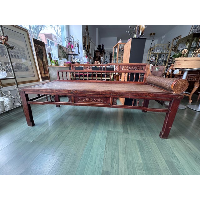 Asian Antique Chinese Elm Daybed With Rattan Seat and Shou Bolster, Late Qing Dynasty For Sale - Image 3 of 12
