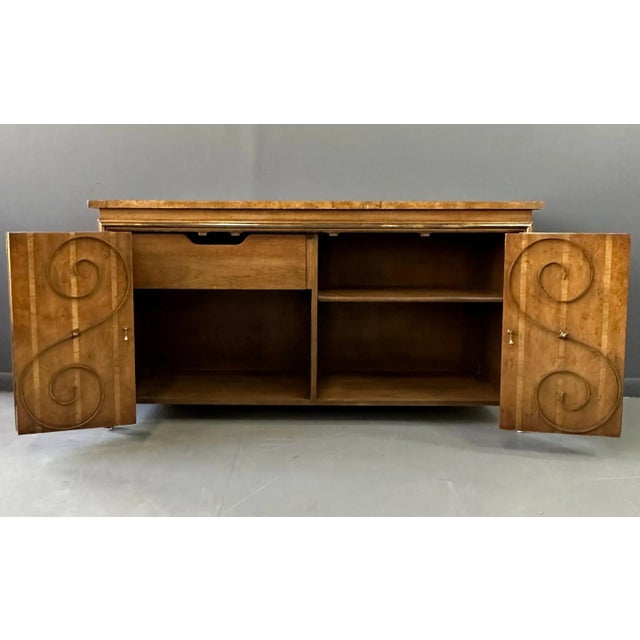 1950s Neoclassical Revival Sideboard in Pecan and Burl With Brass Scroll Details For Sale - Image 9 of 13