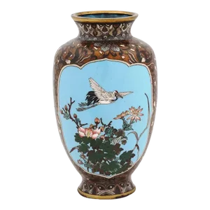 Late 19th Century Antique Meiji Japanese Cloisonne Enamel Vase Double Sided Moon and Crane Scenes