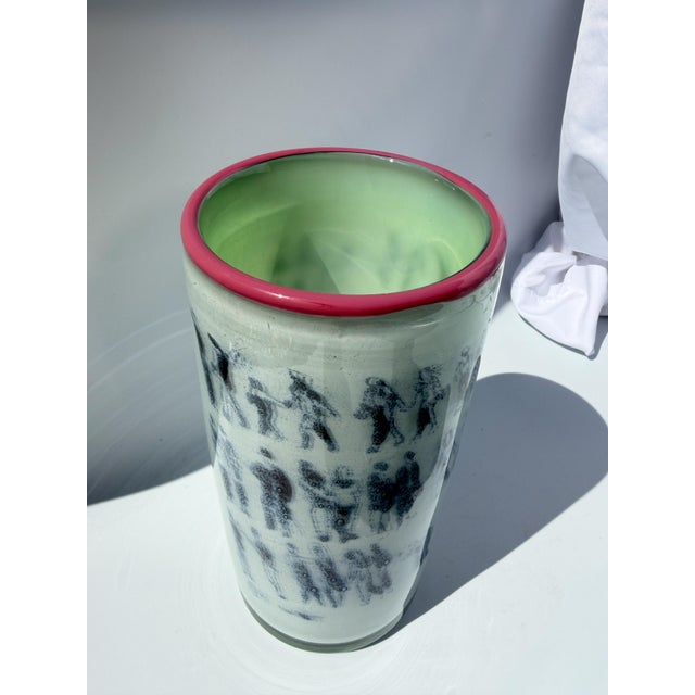 Glass Unique Art Glass Vase With Graal Technique Drawings and Pink Rim For Sale - Image 7 of 14