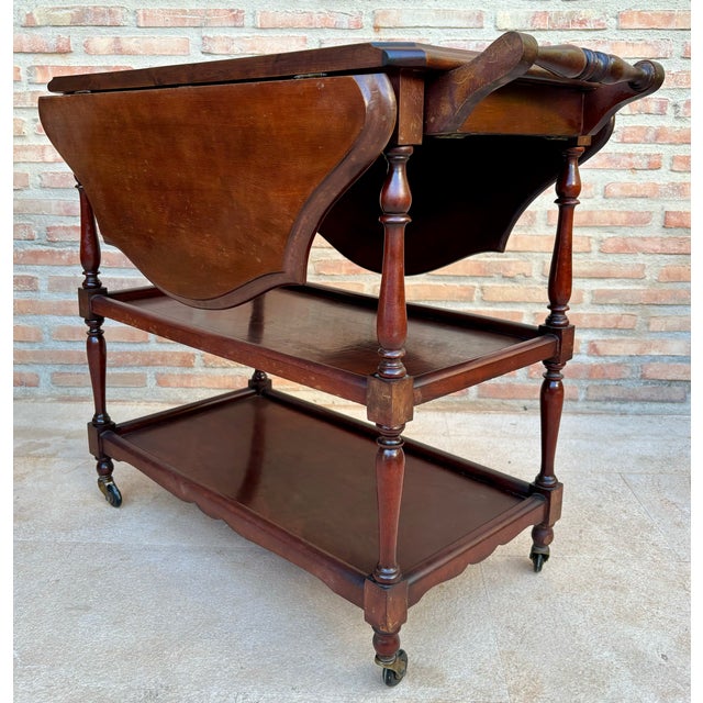 1960s 1960s Spanish Wooden Bar Cart With Folding Leaves and Three Tiers For Sale - Image 5 of 9