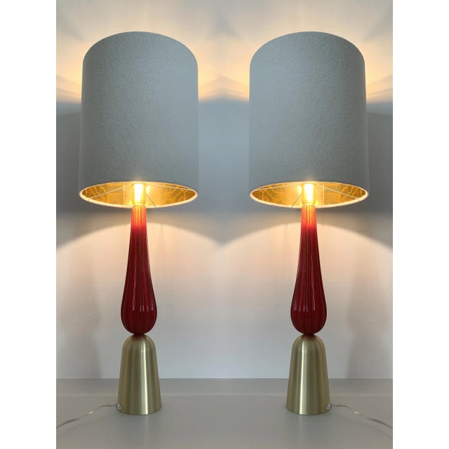 Very rare Red Murano glass with gold leaf. Vintage glass with brushed brass metal frame. Exclusive Lampshade in ivory...