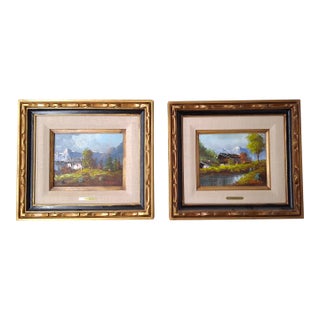 Carlo Mancini, Italian 20th Century, Alpine Cottage Scenes, Oils on Canvas - Set of 2 For Sale
