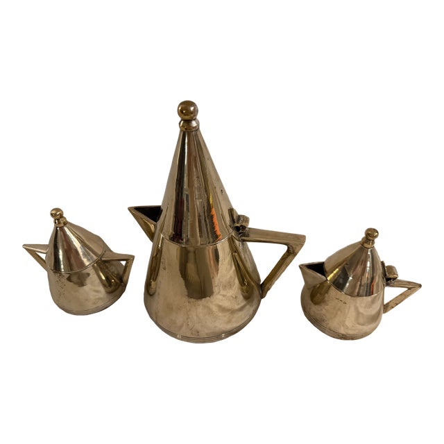 Mid 20th Century Art Deco Silver-Tone Metal Tea Set – Teapot, Sugar Pot & Milk Pot, 3-Piece For Sale