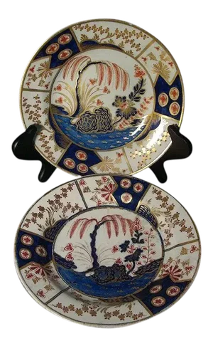 1805 Coalport Porcelain Imari Rock & Tree Pattern Plates - A Pair