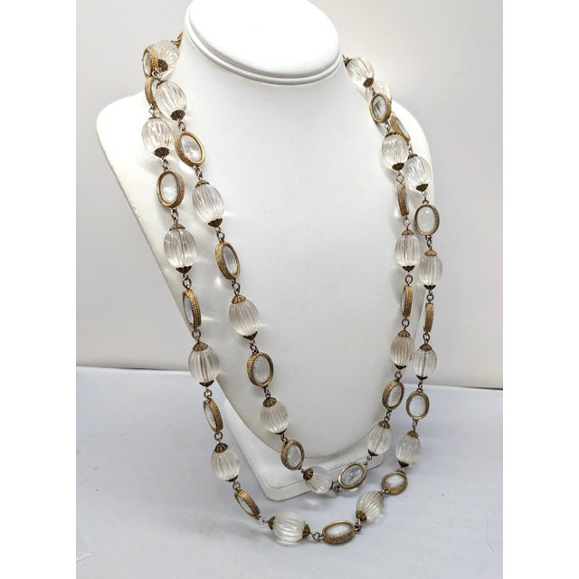 Metal Vintage 1970s Signed DeLillo Goldtone Clear Beaded Sautoir Necklace For Sale - Image 7 of 8