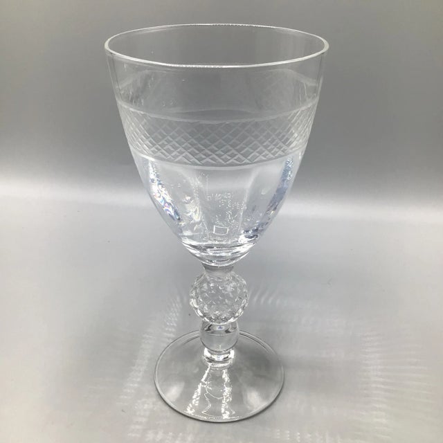 1950s Morgantown "Eton" Water/Wine Goblets Cut Ball Stem, With Cross Hatch Band -Set of 6 Crystal Glasses For Sale - Image 5 of 13