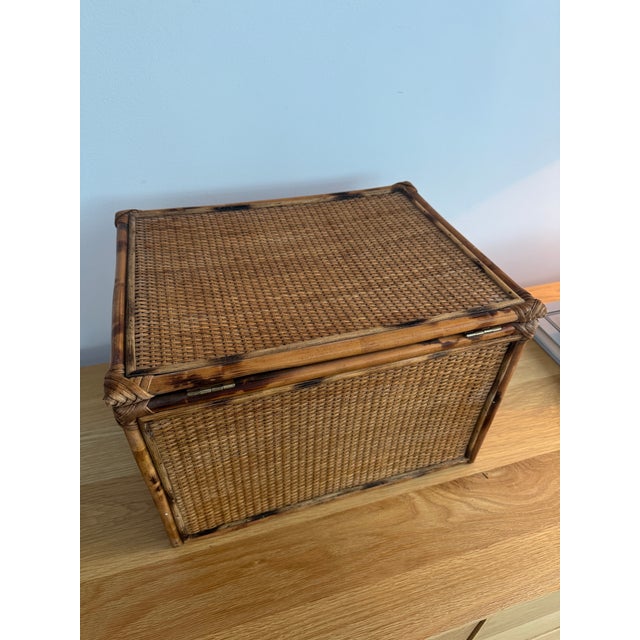 Brown Late 20th Century Extra Large Hinged Tortoise Bamboo and Woven Cane Storage Box For Sale - Image 8 of 9