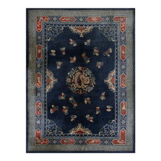 1920s Navy Dragon Classic Greek Key Antique Chinese Peking Wool Rug 7' 3"x 9' 8" For Sale