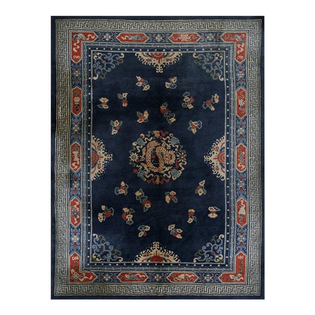 1920s Navy Dragon Classic Greek Key Antique Chinese Peking Wool Rug 7' 3"x 9' 8" For Sale