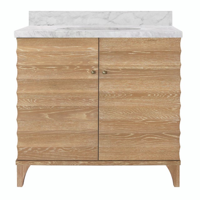 Matthew Izzo Home Rhodes Cerused Oak Two Fluted Doors, Single Sink Porcelain Bath Vanity With and Carrara Marble and Brass Knobs For Sale - Image 10 of 10