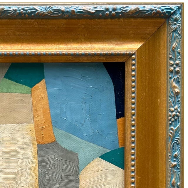 2020s Contemporary "Abstract Blues" Oil Painting in Vintage Frame For Sale - Image 5 of 6