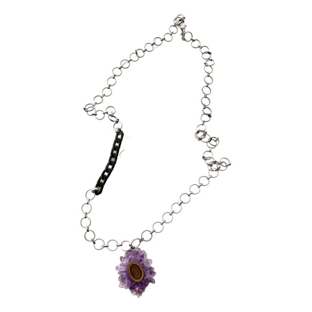 Vintage Silver Chain Necklace With Amethyst Pendant For Sale