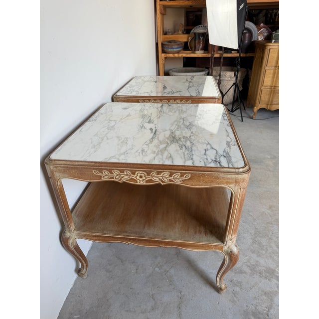 Vintage French Provincial Style Two Tier Marble Top End Tables – A Pair For Sale - Image 10 of 17