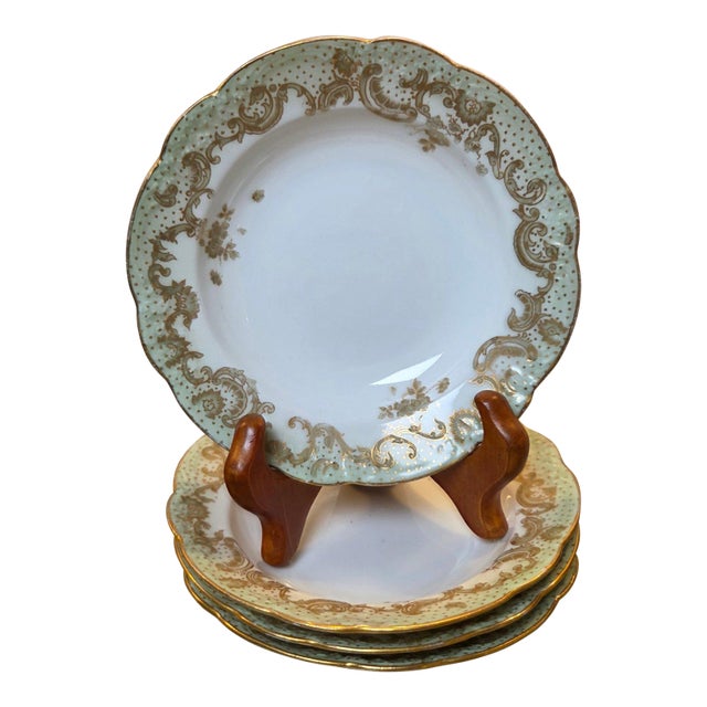 Antique 1896-1920 Elite Works Limoges France Celadon Dot & Gilded Scroll Berry Bowls - Set of 4 For Sale