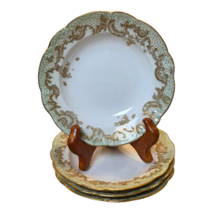 Antique 1896-1920 Elite Works Limoges France Celadon Dot & Gilded Scroll Berry Bowls - Set of 4