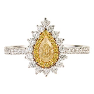 Transitional 1ct Yellow Diamond Double Halo 18k Gold Pear Engagement Ring Size 5 For Sale