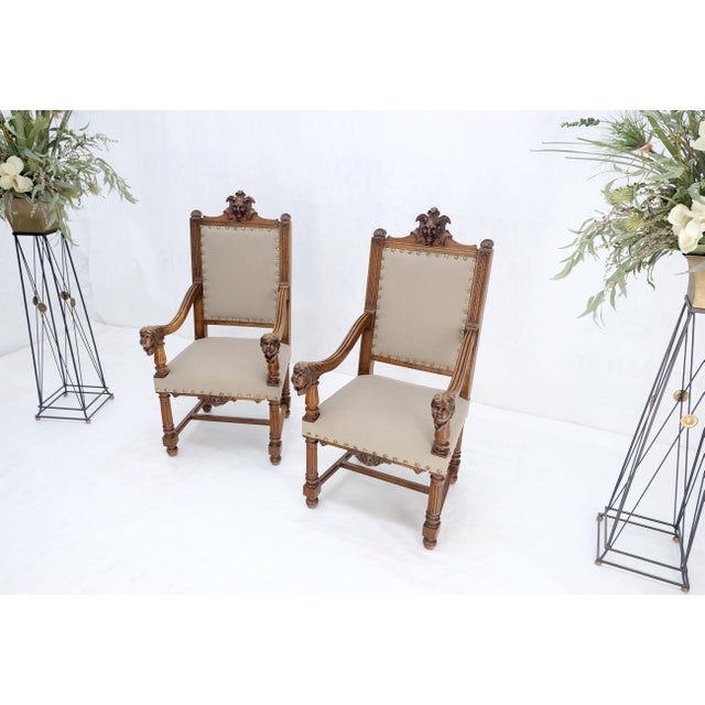 Pair Antique Heavily Carved Walnut Cherub North Wind Faces Arm Chairs New Upholstery