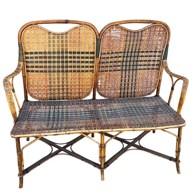 Late Victorian Liberty-style tiger bamboo and rattan bench with woven wicker seat. The bamboo furniture from this era is...