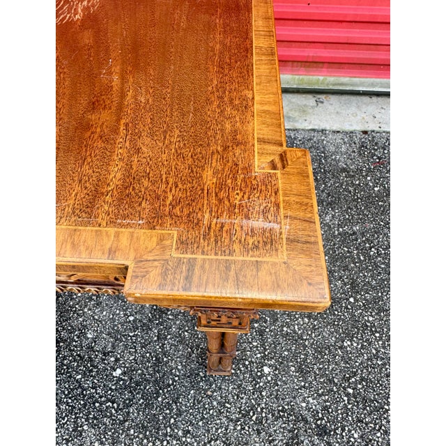 Chestnut Pair Antique Carved Chinese Chippendale Faux Bamboo Fretwork Banded Inlay Single Drawer Hall Foyer Console Tables For Sale - Image 8 of 12