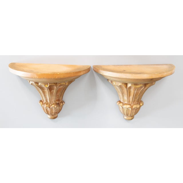 Neoclassical Large Italian Whitewash Giltwood Fluted Wall Brackets Shelves - a Pair For Sale - Image 3 of 11
