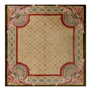 1920s Camel Floral European Antique Chinese Art Deco Carpet 5'7" X 5'7" Knotted Wool Rug For Sale